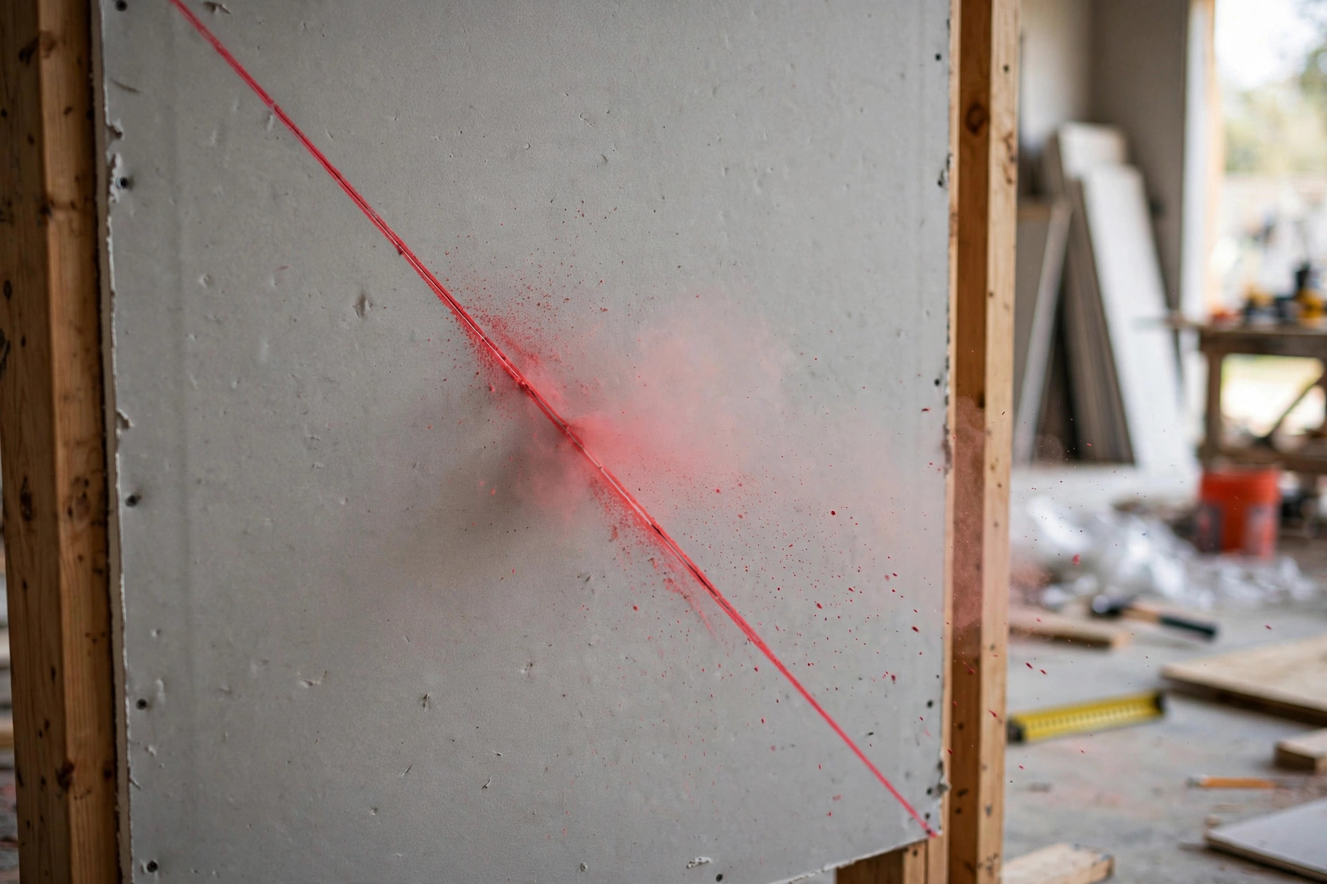 A red chalk line snapped across a sheet of drywall on a jobsite