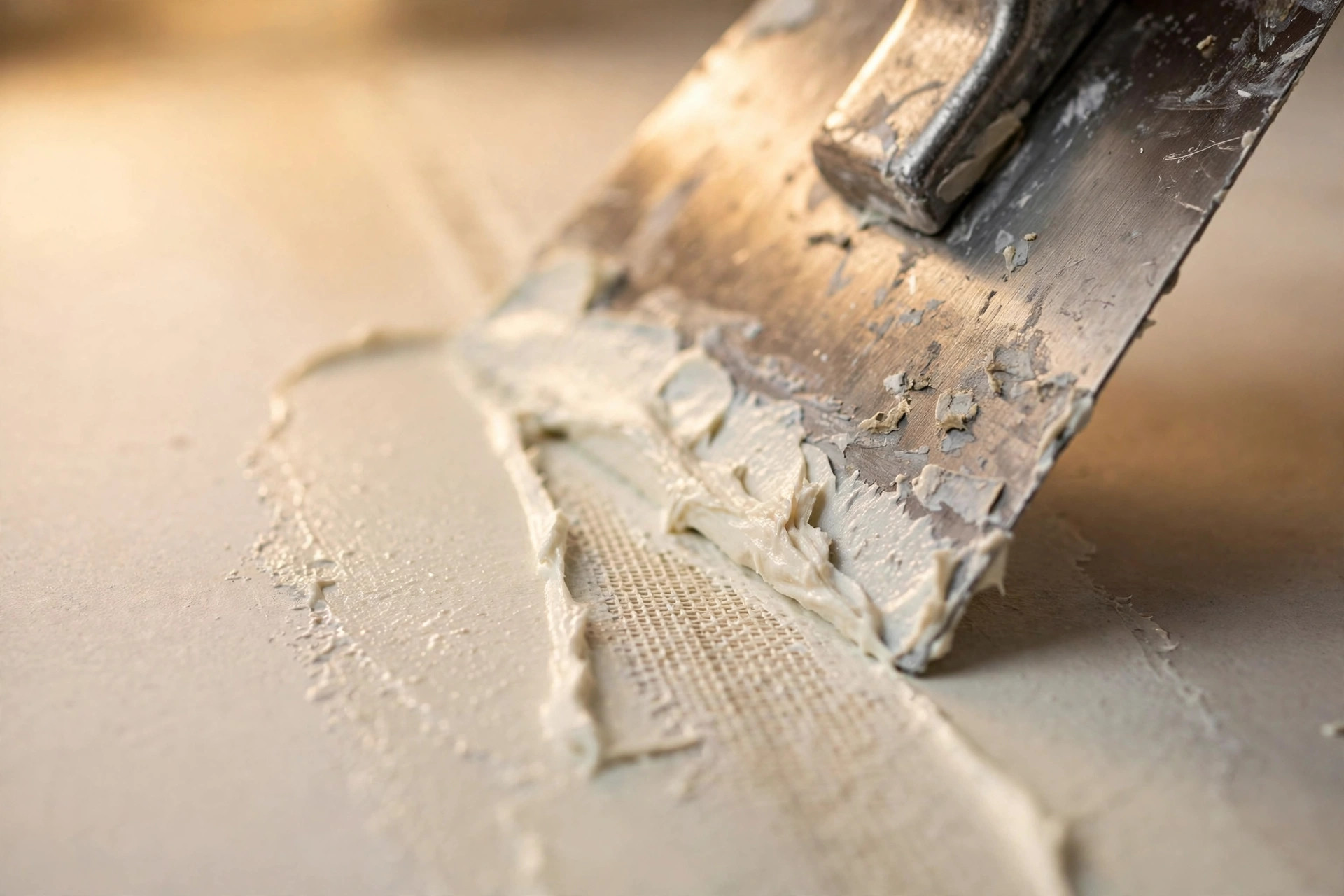 A trowel feathering joint compound smooth over a taped drywall seam